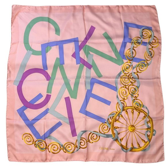 CELINE Scarf Muffler Pink Gray Green Silk VINTAGE Women's Mikunigaoka Store I...